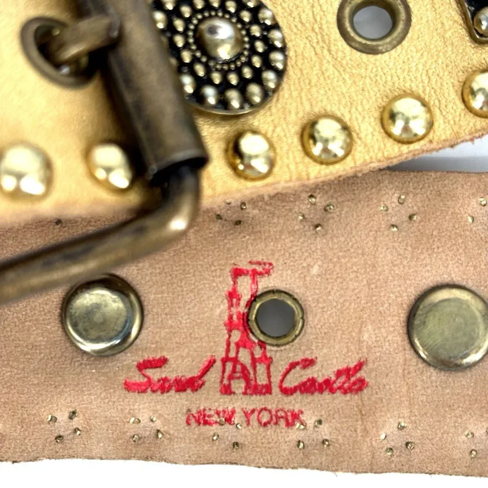 Sand Castle New York Metallic Gold Studded Women's 42.5” Soft Leather Belt EUC